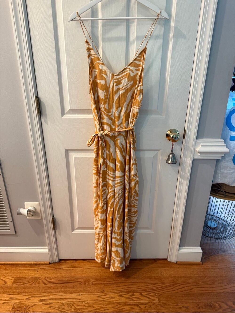 H&M Orange & Cream Spaghetti Strap Tie Belted Jumpsuit Sz L EUC